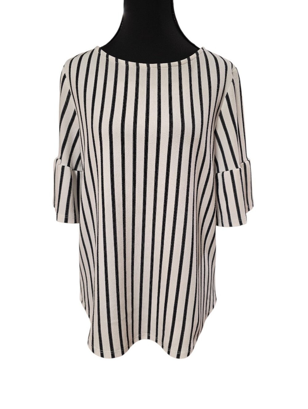 Moa Moa Black and White Striped 3/4 Bell Sleeve Blouse M